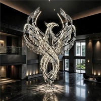 Lustre en cristal sculpté Phoenix, cadre en métal doré brossé, rideau de perles transparentes en cascade, suspension LED, sur mesure, géant