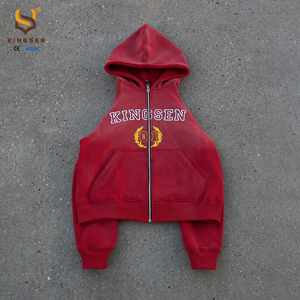 เสื้อฮู้ดซิปครอปพิมพ์ลายสตรีทแวร์ทรงหลวมผ้าฝ้าย 100% หนานุ่ม สไตล์วินเทจฟอกสีซีดแบบทำเองสำหรับผู้ชาย - Product Image 3