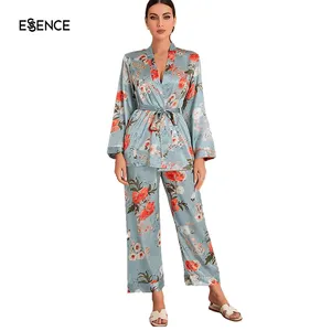 Elegant Deep V Neck Floral Print Silk Belted Wholesale Luxe Satin Femme Pyjama Set