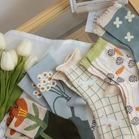 Chaussettes de compression mi-mollet pour femme, en coton et fibre de bambou, style forêt printanière, motif géométrique, tricotées, mignonnes et douces