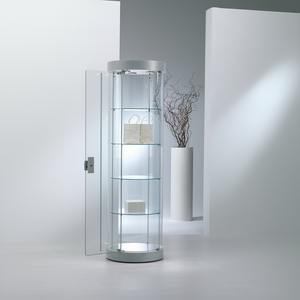 Vitrina Redonda de Vidrio Templado 57x190cm Gris Claro con Puerta con Cierre y Bisagras, Iluminación LED y Estantes Ajustables - Product Image 3