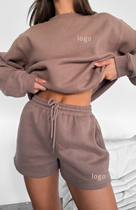 Conjunto de Sudadera con capucha y pantalones cortos de punto de mujer con cuello redondo de gran tamaño y logotipo personalizado, Sudadera corta informal para mujer - Product Image 2