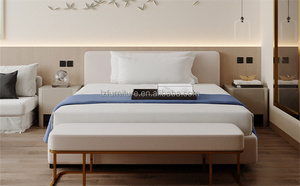 Fabricant de meubles pour hôtels 3 étoiles, ensemble de chambre économique, lit plateforme en bois king size avec tête de lit capitonnée et tables de chevet - Product Image 4