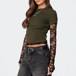 Peeqi 5109 新秋スタイル レディースファッション Tシャツ レース パッチワーク 透かし彫り 長袖 Tシャツ レディース ストリートウェア セクシー トップス - Product Image 3