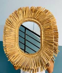 Miroirs artisanaux en jacinthe d'eau, formes variées, miroir rond avec cadre tissé en forme de fleur, décoration murale en fibres naturelles pour chambre à coucher - Product Image 4