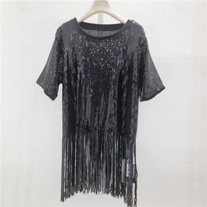Bettergirl 2026 Nuova Collezione Estiva T-shirt Nera con Paillettes e <span class=keywords><strong>Frange</strong></span>, Collo Tondo, Manica Corta - Product Image 3