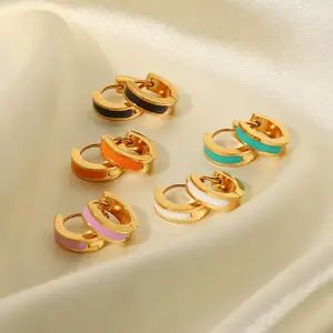 Nouveau Style émail petite taille Huggie boucles d'oreilles en acier inoxydable plaqué or 18 carats goutte d'huile oreille manchette