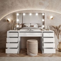 Table de toilette en bois blanc brillant de haute qualité, durable, avec miroir et tiroirs spacieux, éclairage intégré pour chambre à coucher, MOQ 100