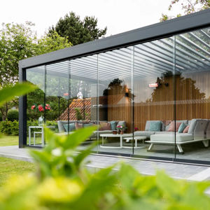 Teras Aluminium bermotor taman Gazebos dapat ditarik Bioclimatique luar ruangan pelindung matahari Louver Pergola kayu plastik paduan balkon - Product Image 3