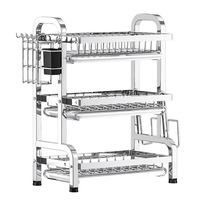 Égouttoir à vaisselle à 3 niveaux en acier inoxydable, organisateur de cuisine avec planche à découper et support à couteaux, argent poli