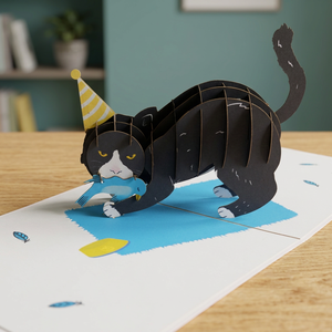 Carte 3D pop-up chat avec chapeau de fête et oiseau, carte de vœux en papier artisanal pour la décoration de la maison - Product Image 1