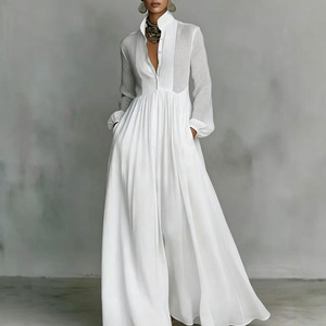 Women Solid Chiffon Woven Washable Pleated Long Sleeve Maxi Dress Cinched Waist <b>Vintage</b> Vacation Dress - Product Image 5