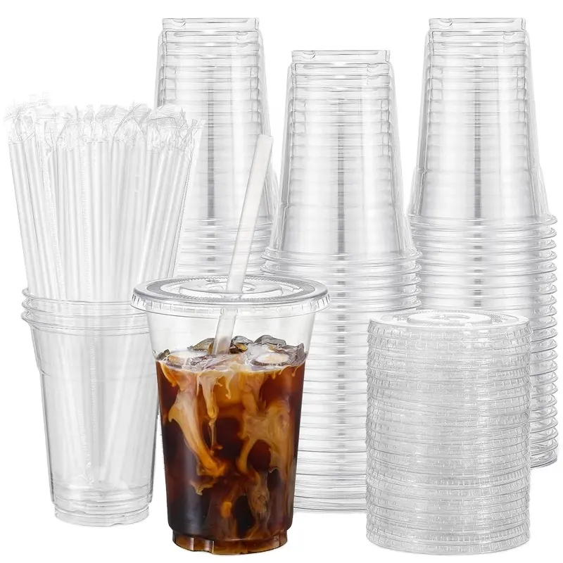 Venta al por mayor de vasos de plástico desechables de PET con tapas de ranura de paja de cúpula plana 16 oz vasos de plástico de colores transparentes para bebidas heladas de fiesta