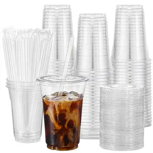 Wholesale PET Disposable Plastic Cups With Flat Dome Straw Slot Lids 16 Oz Clear Colored Plastic Cups For Party Ice Cold Drink