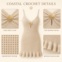 Robe de plage ajourée en maille pour femme, bretelles spaghetti, ornements coquillages, découpe frontale, ourlet à volants, mini-robe de vacances, cache-maillot de bain