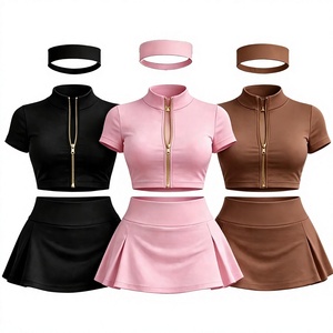 Conjunto Deportivo de 3 Piezas para Mujer, Ajustado, Transpirable, Cuello Alto, Color Sólido, Chaqueta de Yoga con Cierre Dorado, Minifalda, Spandex/Nailon - Product Image 3