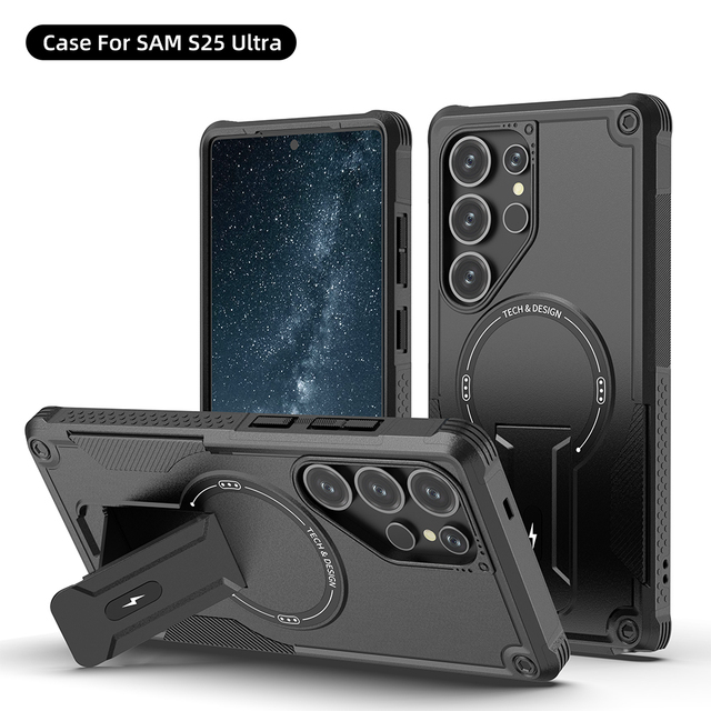 TPU+PC Rugged Mobile Phone Cover Shockproof Phone Case for Samsung Galaxy S25 Ultra With Kickstand & Charging Function