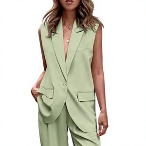 Women Sleeveless <b>Blazer</b> <b>Set</b> Solid Color Wide Leg Pants Two Piece Suit Formal Spring Summer Woven Fabric Notched Collar - Product Image 1