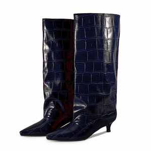 Custom Style Wide Top on Long Booties Low <b>Heels</b> Stone Print Shoes Women's Pointed Toe Knee High Boots - Product Image 3