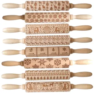 Houten Kerst Printing Deegroller Cookie Deeg Stok Handwerk Houten Carving Reliëf Rolling Pin