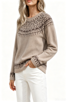 Pull col rond en jacquard Fair Isle beige vintage pour femme, pull en tricot à motif géométrique contrastant, haut d'hiver, OEM/ODM