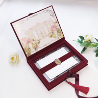 Ensemble d'invitations de mariage en velours bordeaux avec image aquarelle imprimée, boîte rigide, invitation en acrylique transparent avec sac à main et sac de shopping