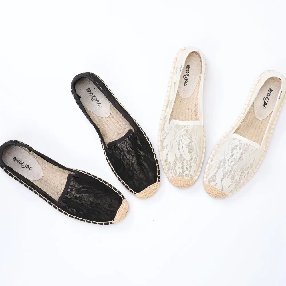 High Quality Slip-On White Fashion Flat Tongue Lace Espadrilles Shoes Breathable Non-Slip Women's Casual Single Shoes