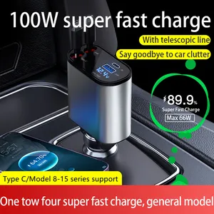 New Product 100W Super Fast Charge With Telescopic Line USB Type C Dual Port Flexible Adjustable 20WPD Car Charger Phone Holder