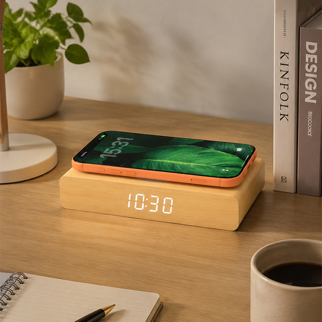 EMAF Bed Side Table Wood Bamboo Time Electronic Portable Desk LED Display Table Digital Alarm Clock with Wireless Charging