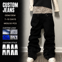Jeans pour hommes OEM, jeans déchirés avec patch léopard, jeans vintage délavés, pantalons en denim baggy, jeans à double taille délavés à l'acide