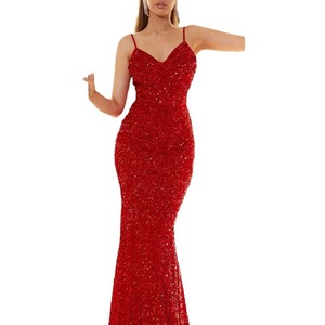 V-neck Bodycon <b>Sequined</b> Evening Gown Natural Waist Long <b>Flared</b> Sleeves European Style Dress - Product Image 5
