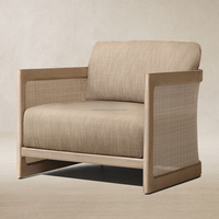 Fauteuil de salon d'extérieur en teck naturel et rotin, fauteuil club à assise profonde, mobilier rembourré pour patio, jardin, resort, villa, bord de piscine