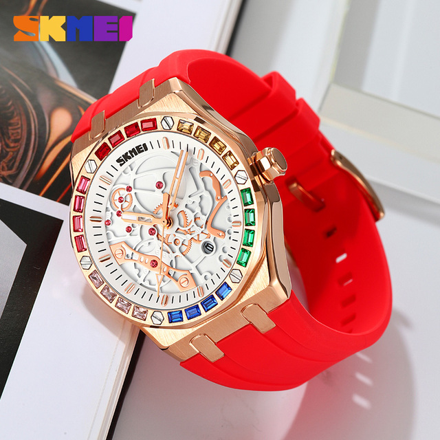 SKMEI 9365 Simulated Mechanical Diamond Dial Fashion Men Quartz Movement Watch Silicone Strap 3ATM Waterproof Factory Wholesale