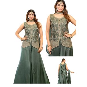 ชุดชาราราปักลายสีเขียวเข้มสำหรับผู้หญิง พร้อมคุर्ติและผ้าคลุมไหล่ดีไซน์เนอร์ สำหรับงานแต่งงานและงานเฉลิมฉลอง - Product Image 4