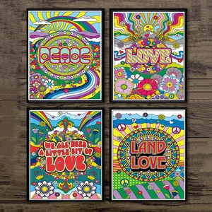 4 PCS 레트로 히피 영어 편지 평화와 사랑 벽 예술 사진 및 포스터 인쇄 캔버스 홈 장식 벽화 Aa 선물