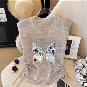 Women Knitted Vest Butterfly <b>Sequin</b> Drawstring Summer <b>Top</b> Khaki White <b>Black</b> Polyester Sweater - Product Image 1