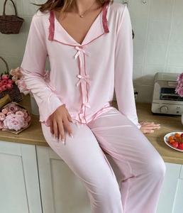 <span class=keywords><strong>Pijama</strong></span> Casual <span class=keywords><strong>Rosa</strong></span> de Algodón con Lazo para Mujer, Conjunto de Dos Piezas, Ropa de Dormir, Ropa para el Hogar, Pijamas Personalizables ODM - Product Image 1