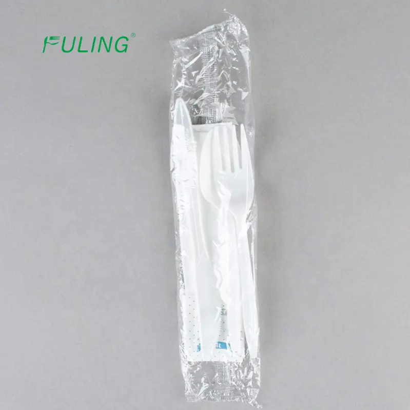 Fuling factory medium weight disposable white wrapped plastic cutlery set with knife, fork, and spoon