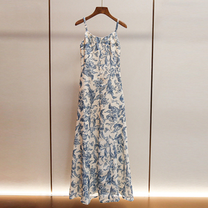 AELESEEN Diseñador Moda Verano Vestidos Mujer Spaghetti Strap Slash Neck Blue Flower Print Slim Back Banged Midi Party Mujer - Product Image 1