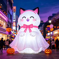 Décoration Gonflable Chat Fantôme Mignon pour Halloween, Nœud Rose, Tissu Oxford Imperméable et Résistant au Soleil, Thème Dessin Animé pour Événements Extérieurs