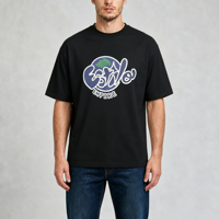 T-shirts pour hommes respirants à manches courtes col rond en tissu 100% coton 220 grammes, impression numérique Highstreet, couleur noire, taille oversize