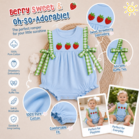 Combinaison bébé en coton 100% avec broderie fraise et nœud en gingham, design Puresun en 3 jours, pour filles de 0 à 24 mois