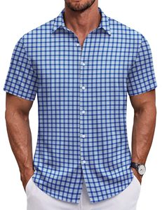Men's <b>Blue</b> Plaid Short Sleeve Stand Collar Button Shirts Breathable Casual Summer Beach Vacation <b>Gingham</b> Check Polyester/Cotton - Product Image 5