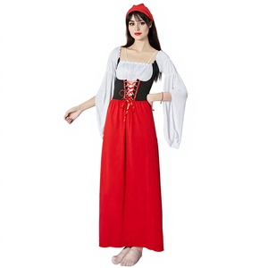 Kit de costume Dirndl pour l'Oktoberfest, Halloween, la télévision et le cinéma, robe longue rouge et noire pour femmes + foulard, matière polyester - Product Image 6