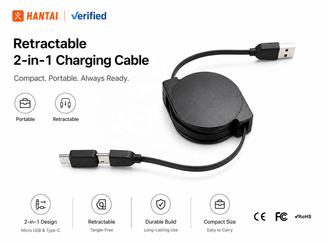 Universal 2-in-1 Retractable Fast Charging Cable Type C/Micro USB for Mobile Phones IPhone/Android Printer (Pure Copper)