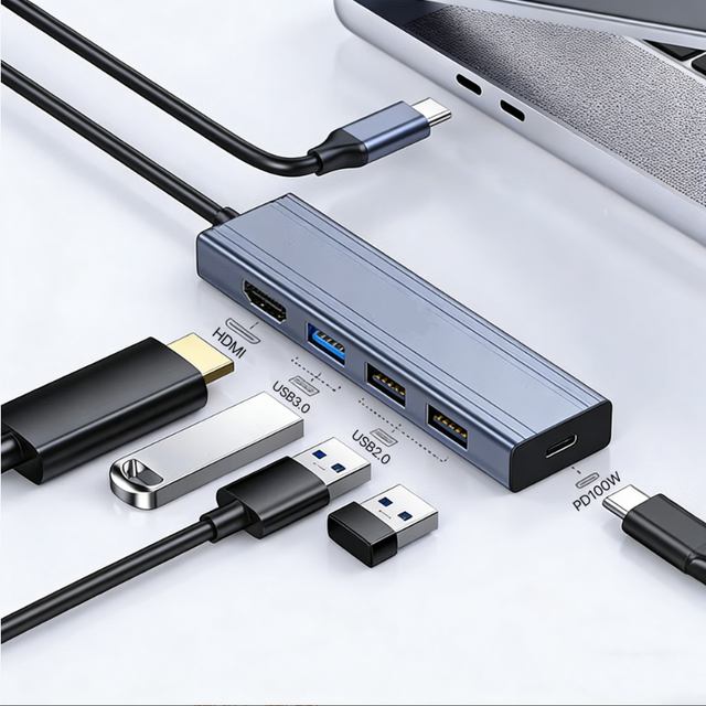 Ready to Ship Aluminum 5 in 1 USB C Hub with HDMI 2.0 4K 100W PD Fast Charge Multiport Adapter for MacBook PC Docking Station
