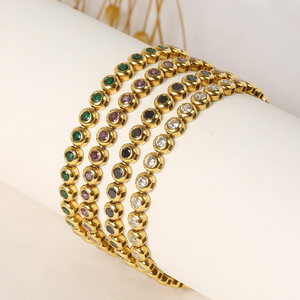 Pulsera de tenis para mujer, chapada en oro de 14 quilates, de acero inoxidable, con circonitas cúbicas 5A de corte redondo, engaste de bisel, multicolor, resistente al agua, pulsera de tenis de regalo - Product Image 1