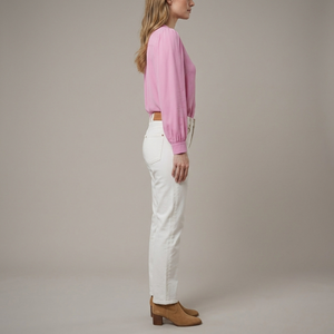 Chemisier en mousseline de coton tissé rose 100 % coton pour femme, col rond, boutonné, manches ballon trois quarts, élégant, uni, décontracté, vente en gros - Product Image 3