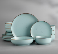 Service de table en porcelaine LOMATO Luxury Classic Turquoise Dot Speckle avec bordure dorée, assiettes plates mates, bols à soupe, respectueux de l'environnement