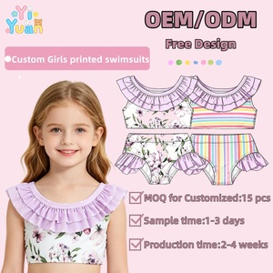 Trajes de Baño de Dos Piezas con Cuello de Volantes para Niñas, Personalizados, MOQ Bajo de 15 Piezas, OEM/ODM, 2-12 Años, Estampado Floral de Arcoíris - Product Image 1